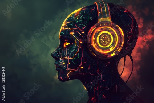 A digital artwork depicting an AI robot head with vibrant circuitry patterns, wearing headphones and looking directly at the viewer in profile view