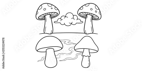 Simple Fog Mushroom Coloring Page Vector Set – Clean Black Line Art