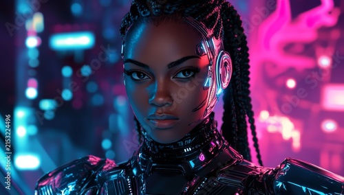 A futuristic digital artwork depicting an African woman with cybernetic enhancements, set against the backdrop of advanced technology and artificial intelligence in space. The scene is illuminated 
