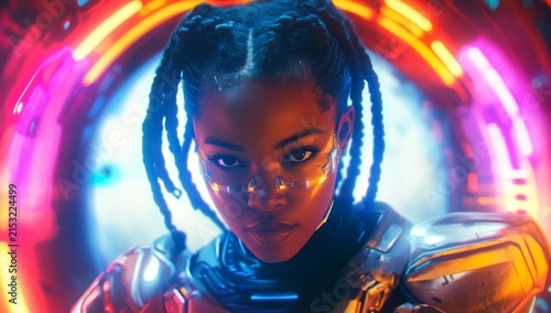 A futuristic digital artwork depicting an African woman with cybernetic enhancements, set against the backdrop of advanced technology and artificial intelligence in space