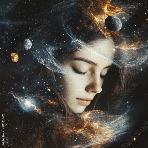 A woman with her hair flowing, an ethereal and dreamy face. The background is a dark space with stars, creating an atmosphere of mystery and magic