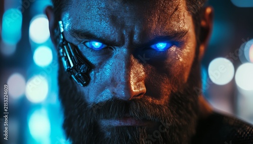 A handsome man with a beard, wearing a black shirt and a blue, glowing robot-like face, is looking at the camera