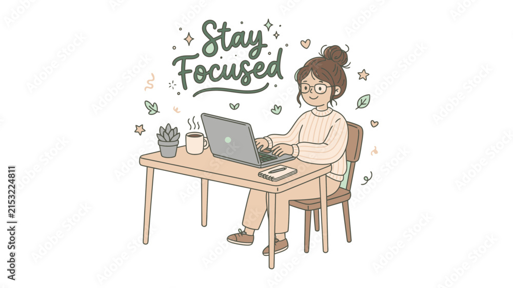 Fototapeta premium Stay Focused, Work from Home Illustration: A young woman works diligently on her laptop at a desk, surrounded by subtle decorative elements and the encouraging message Stay Focused.