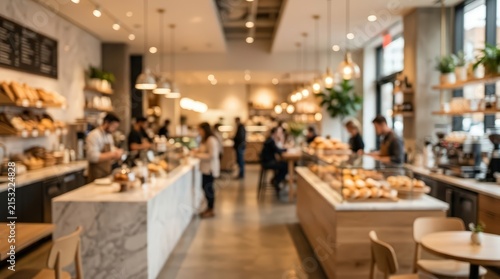 soft blurred interior of a busy cafe and bakery with marble counters, warm lighting, and active baristas.