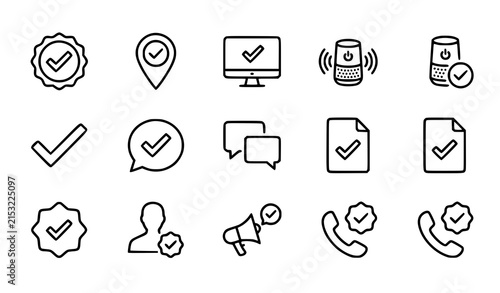 Approval and communication outline icon set with checkmark location technology smart speaker and influencer symbols