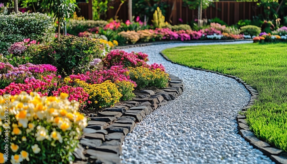 Obraz premium Stunning Garden Landscape Featuring a Winding Gravel Path Lined with Vibrant Colorful Floral Beds
