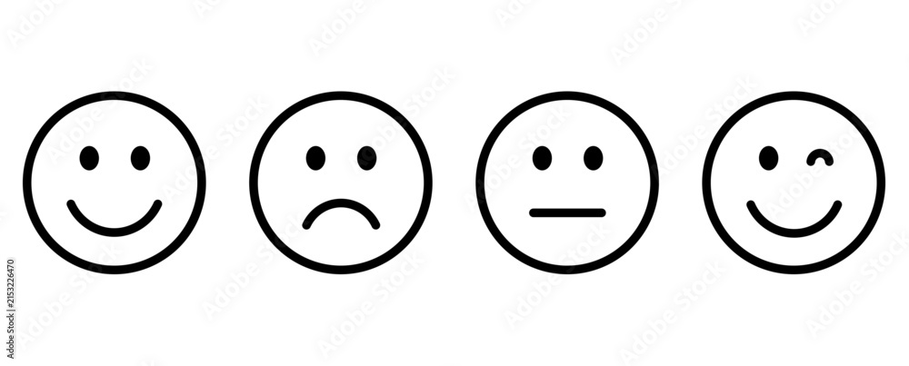 Fototapeta premium Minimalist line art emoji icons, set of 4 black outline smiley faces, simple mood and emotion vector symbols for feedback