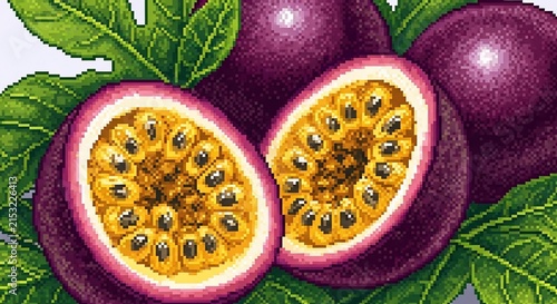 Vibrant pixel art bursts with the juicy essence of passion fruit, a delightful digital painting.