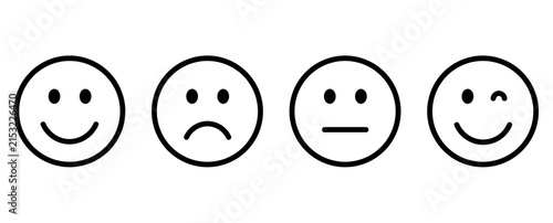 Minimalist line art emoji icons, set of 4 black outline smiley faces, simple mood and emotion vector symbols for feedback