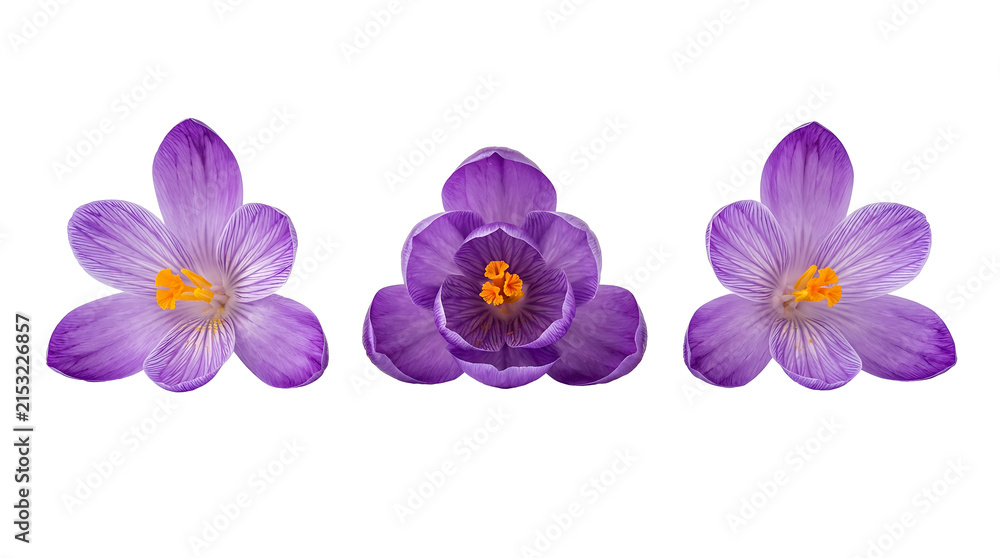 Obraz premium Purple Flowers Isolated on Transparent Background, Three Blooming Floral Elements with Yellow Centers