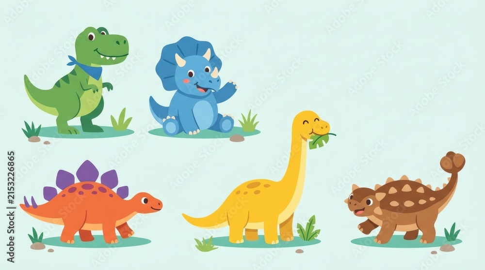 Obraz premium Cute cartoon dinosaur collection featuring friendly Tyrannosaurus, Triceratops, Stegosaurus, Brachiosaurus and Ankylosaurus, standing, walking, waving