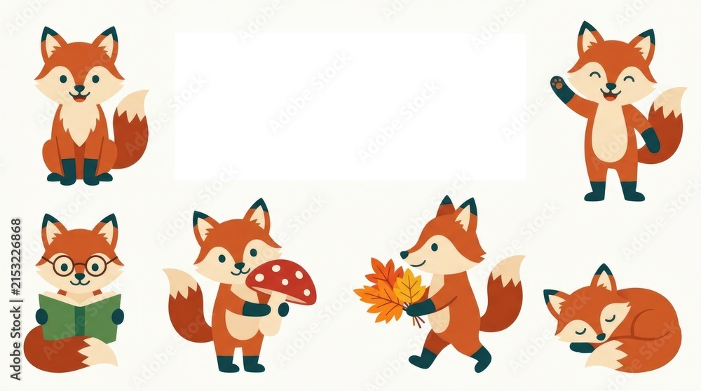 Obraz premium Cute cartoon fox collection with happy facial expressions, sitting, standing, waving, reading a book, holding a mushroom, carrying autumn leaves, slee