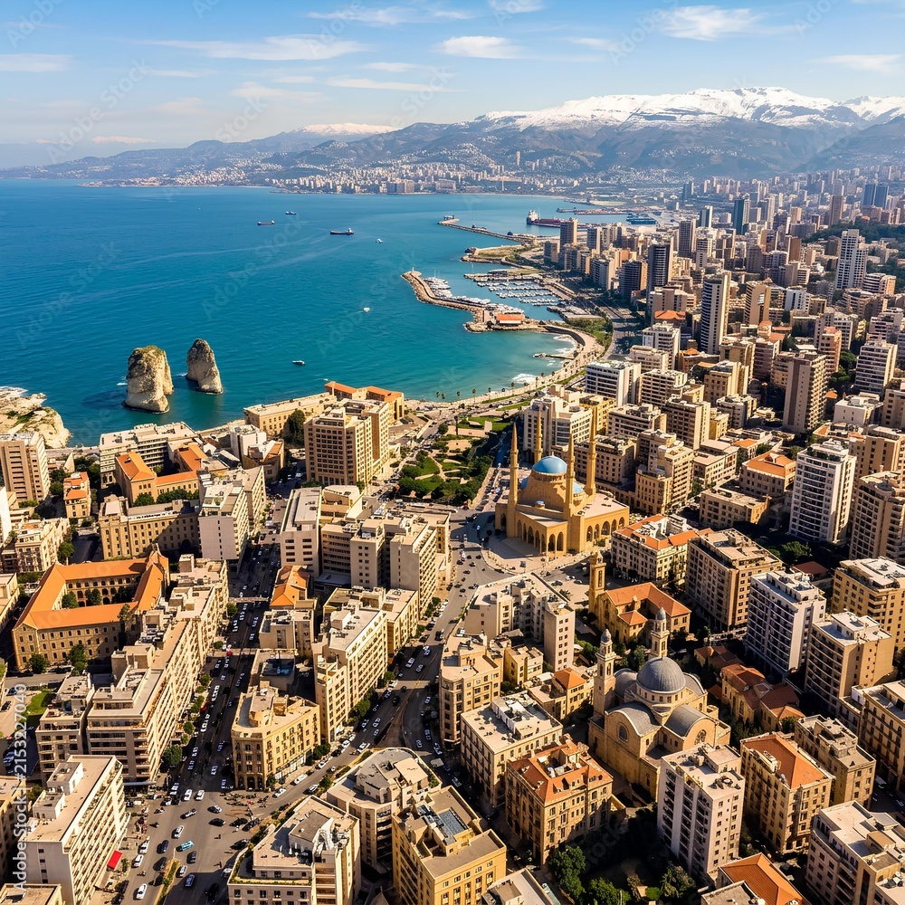 Fototapeta premium Beirut cityscape aerial view Mediterranean Sea Pigeon Rocks Mosques Lebanon