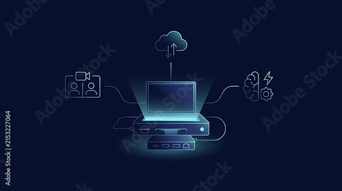 Digital computer hub icon representing central connectivity with glowing neon lines connecting to various floating interface symbols like cloud synchronization and artificial intelligence brain icons 