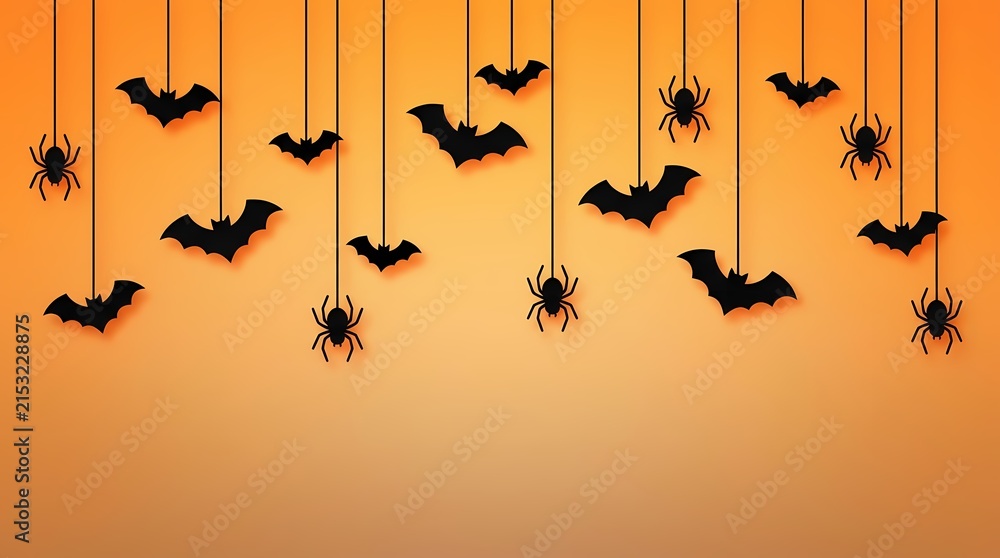 Fototapeta premium Hanging bats and spiders on orange background