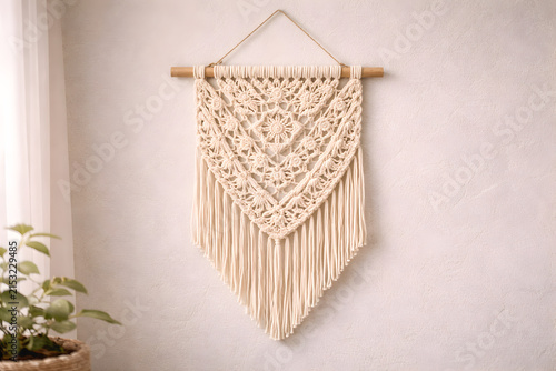 Beautiful handmade macrame wall hanging with intricate knot patterns and long fringe, displayed on a wooden dowel against a textured offwhite wall