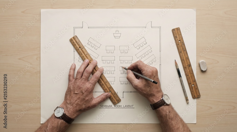 Fototapeta premium Hands sketching seminar floor plan layout ruler pencil desk drawing architect designer blueprint paper workspace drafting measurement wood table office planning interior room diagram hand tool