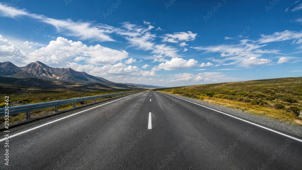 Obraz premium Straight empty highway stretching to the horizon with mountains, scrubland, blue sky and dramatic clouds in a wide open scenic landscape