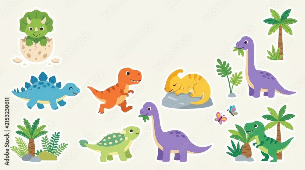 Fototapeta premium Cute dinosaur clipart pack with playful baby dinosaurs hatching from eggs, walking, running, eating leaves, resting, chasing butterflies and exploring