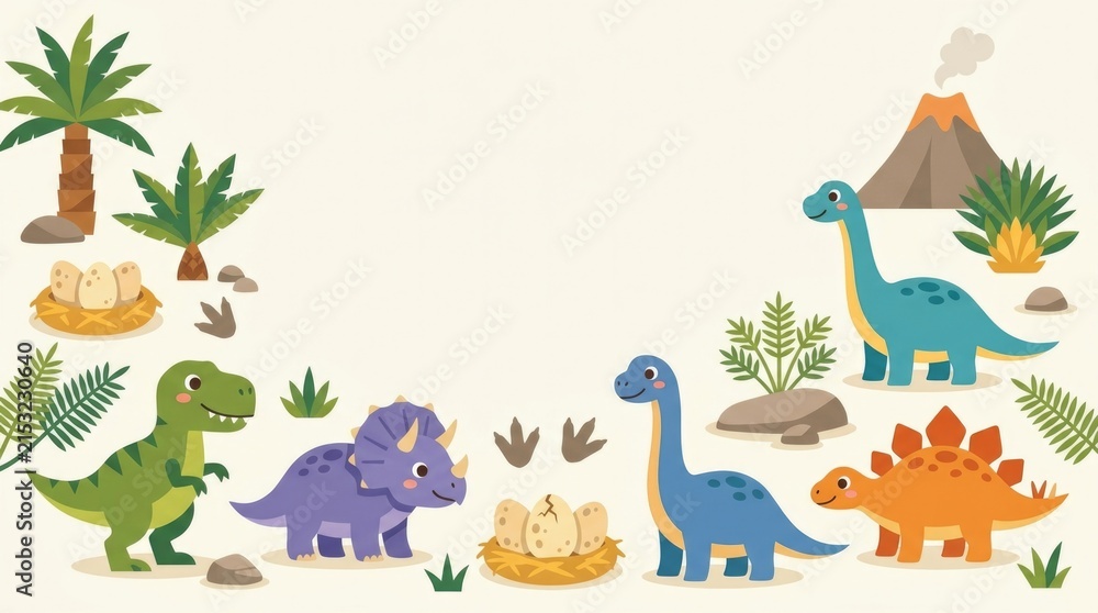 Obraz premium Cute prehistoric dinosaur clipart set with baby dinosaurs, dinosaur eggs, footprints, ferns, cycads, rocks and a simple volcano silhouette, multiple p