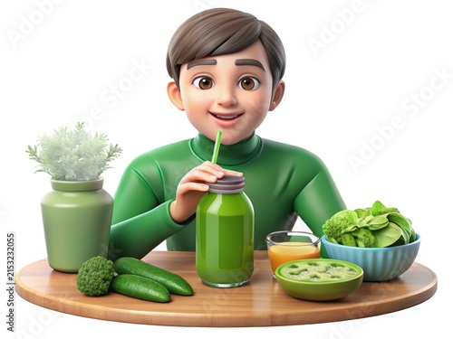 3D Illustration of a Boy Drinking Green Smoothie