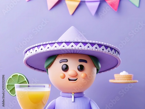 3D Cartoon Character with Sombrero and Glass of Juice