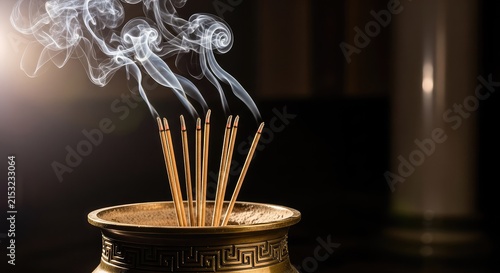 A close-up of several aromatic incense sticks burning inside a bronze vessel, sending thin wisps of fragrant smoke into a dark sanctuary, interior, wood, culture