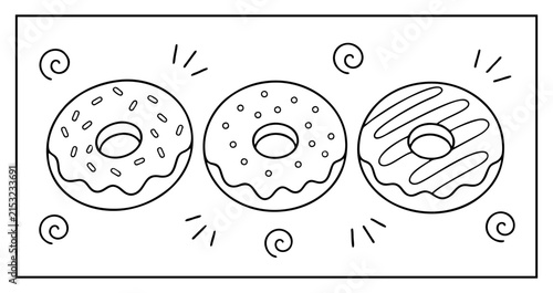 Cuadro en lienzo Donuts coloring page featuring three delicious glazed pastries with sprinkles fo