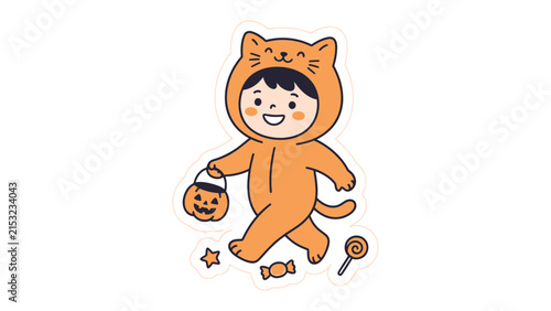 Bild auf Leinwand Cute Cat Costume for Halloween: A happy child in a playful cat costume, complete with a pumpkin candy bucket, walks amongst scattered candies, ready for trick-or-treating on a magical Halloween night