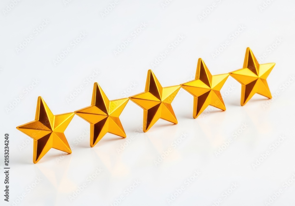 Fototapeta premium A set of brilliant golden stars arranged horizontally on a clean white surface, showcasing high quality, excellence and top performance, quality, isolated, bright