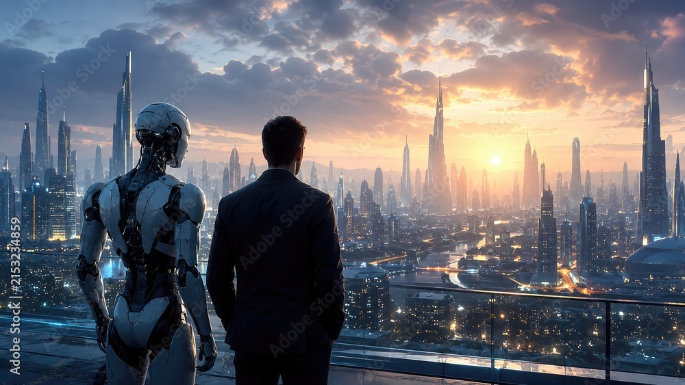 Fototapeta premium Businessman and humanoid robot stand on a balcony overlooking a futuristic city skyline at sunset