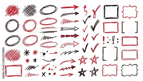 Diverse collection of hand-drawn doodle elements featuring arrows circles and frames in a sketchy red and black style for design and annotations
