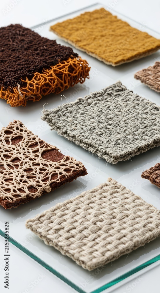 Fototapeta premium Close-up of futuristic biodegradable textile samples made from lab-grown mycelium and organic fibers displayed on a sleek glass surface, circular, production, eco-friendly