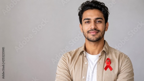 Young man wearing a red awareness ribbon on his shirt, smiling in a neutral studio portrait promoting HIV awareness and support