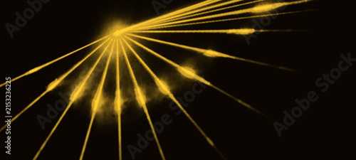 Konstfotografi Yellow laser beams radiating outwards in fan shape from single source on black b