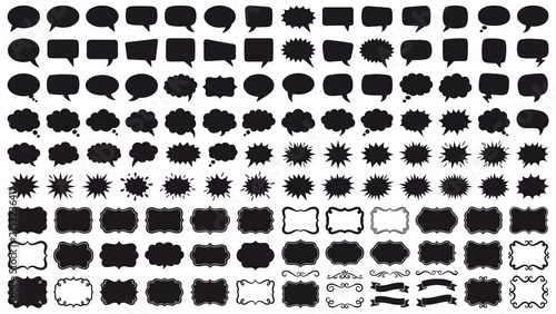 Large set of black silhouette speech bubbles thought balloons comic bursts and decorative frames flat vector design elements for web app and graphic desi