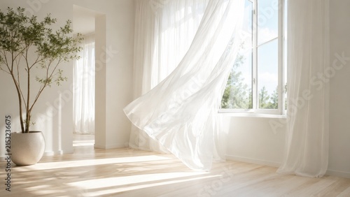 Bright airy minimal room with sheer white curtains billowing at an open window, sunlight on pale hardwood floor and a potted ceramic plant