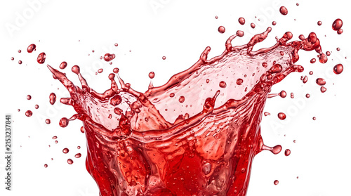 Close up eye level shot of cutout vibrant red liquid splashing dynamically upward with bubbles and droplets on a pure white background.