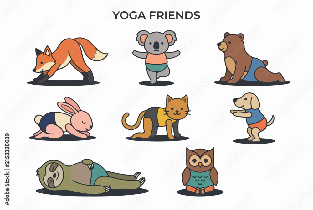 Obraz premium Yoga Friends Cute Cartoon Animals Practicing Various Yoga Poses Vector Illustration Set Isolated
