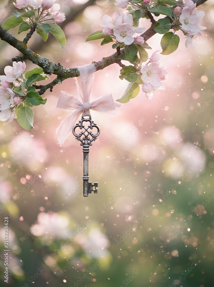 Obraz premium Ornate silver key hanging from pink ribbon on blooming spring branch with soft bokeh background, suitable for greeting cards, fantasy themes, and romantic concepts.