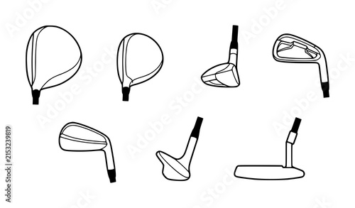 Golf club head outline icon set with driver iron wedge and putter vectors