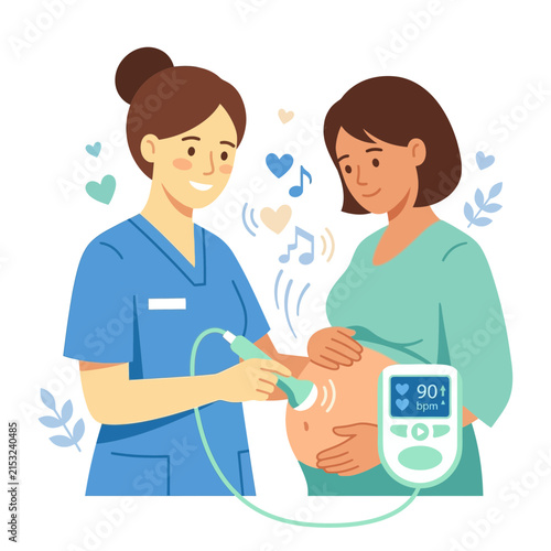 Pregnant woman ultrasound scan, nurse performing medical examination