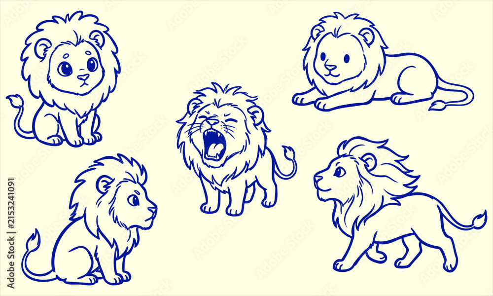 Obraz premium Cute lion cubs in various poses with simple line art style on a light yellow background for children's themes