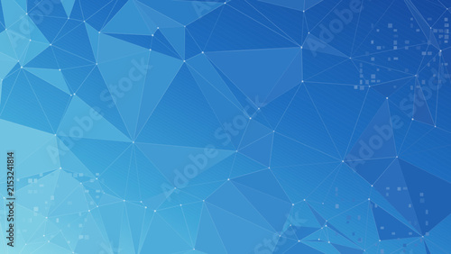 Light blue to deep blue gradient with a low polygon network of connected points and clusters of small squares.