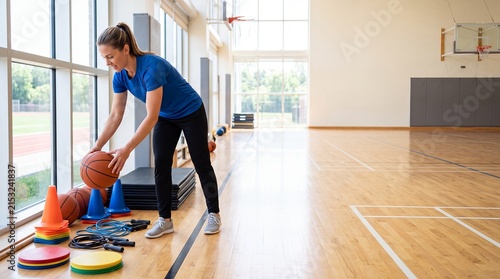 physical education teacher organizing sports equipment gym school lesson preparation sets basketballs cones and training gear on the court for safe activities structured exercise and student fitness