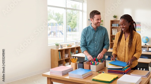 teachers planning classroom lessons school supplies teamwork education preparation collaboration organize books stationery and schedules together for coordinated instruction staff communication