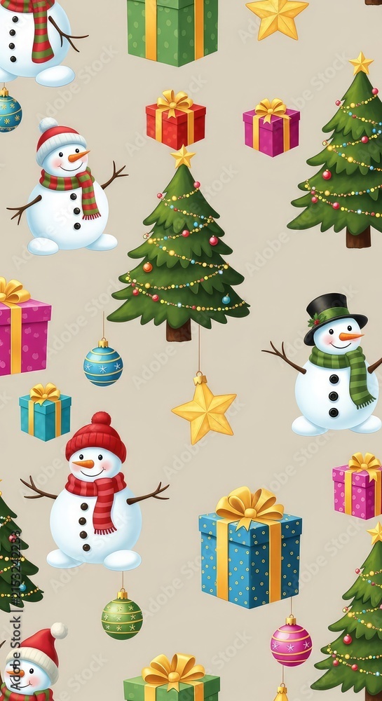 Naklejka premium Seamless holiday pattern featuring happy snowmen, colorful gift boxes, decorated trees, stars, and ornaments on a neutral beige background, ribbon, spruce, merry