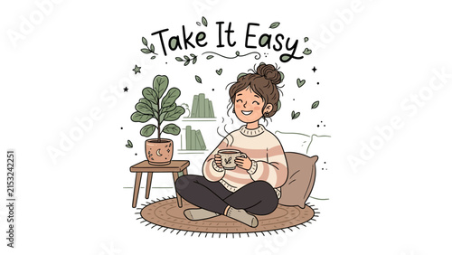 Foto Relaxation and Calmness: A woman enjoys a moment of peace, holding a warm mug, surrounded by plants and cozy home decor, embodying the spirit of taking it easy