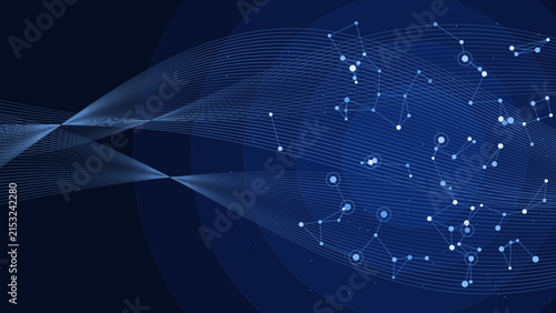 Abstract science and technology background with a flowing blue wireframe ribbon and a molecular network of connected nodes on dark navy, with copy space for text.