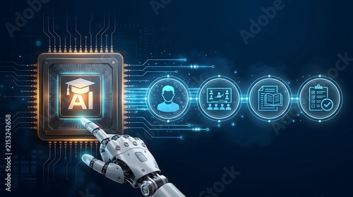 Cyborg hand touching AI microchip processor connected to glowing e-learning interface icons. Concept of automated online education, virtual classroom management, and artificial intelligence grading.